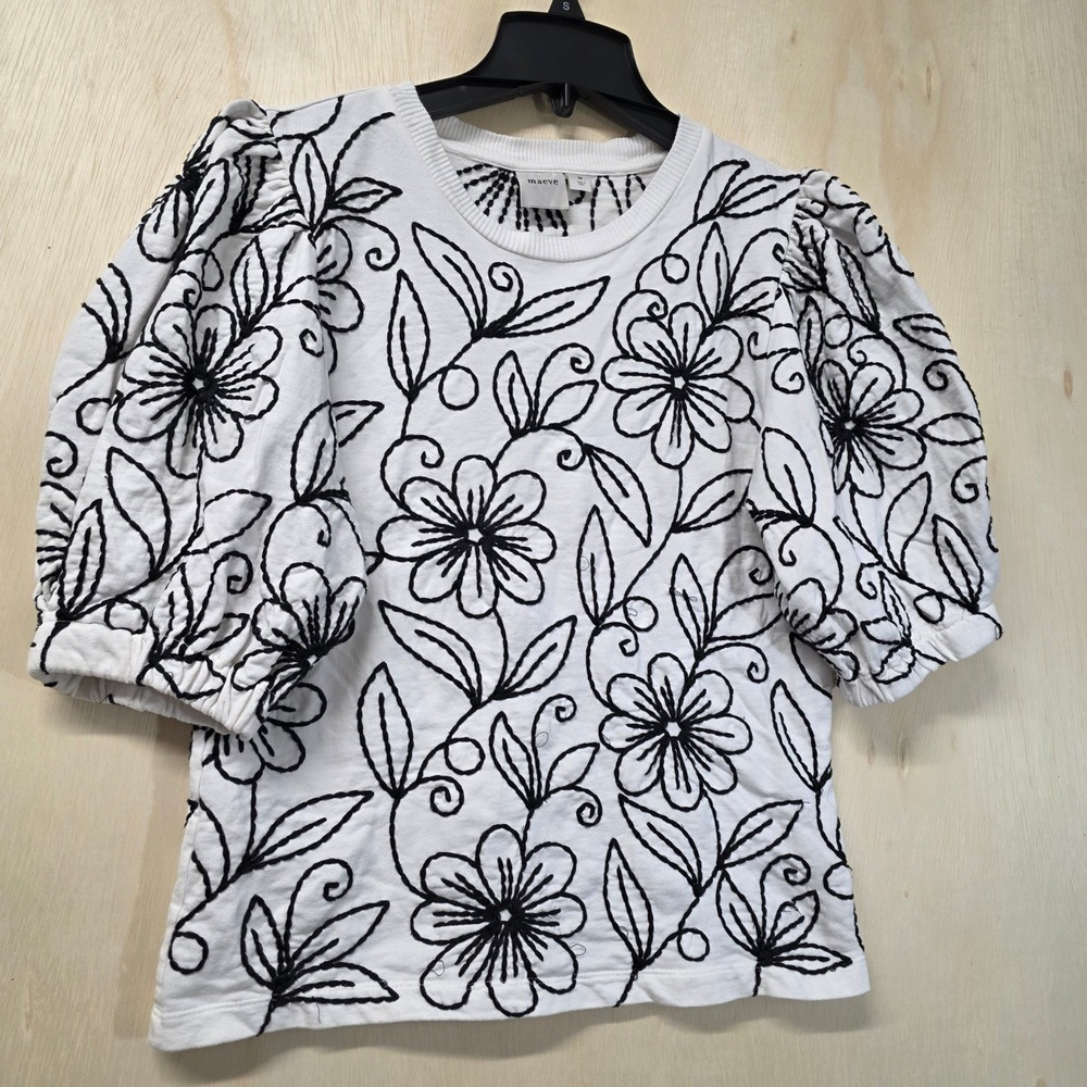 Maeve Anthropologie White Black Floral Embroidered Puff Sleeve Sweatshirt Top M - Picture 15 of 16